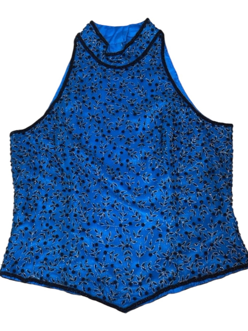 Adrianna Papell Boutique Vintage Blue Beaded High Neck Top, Medium